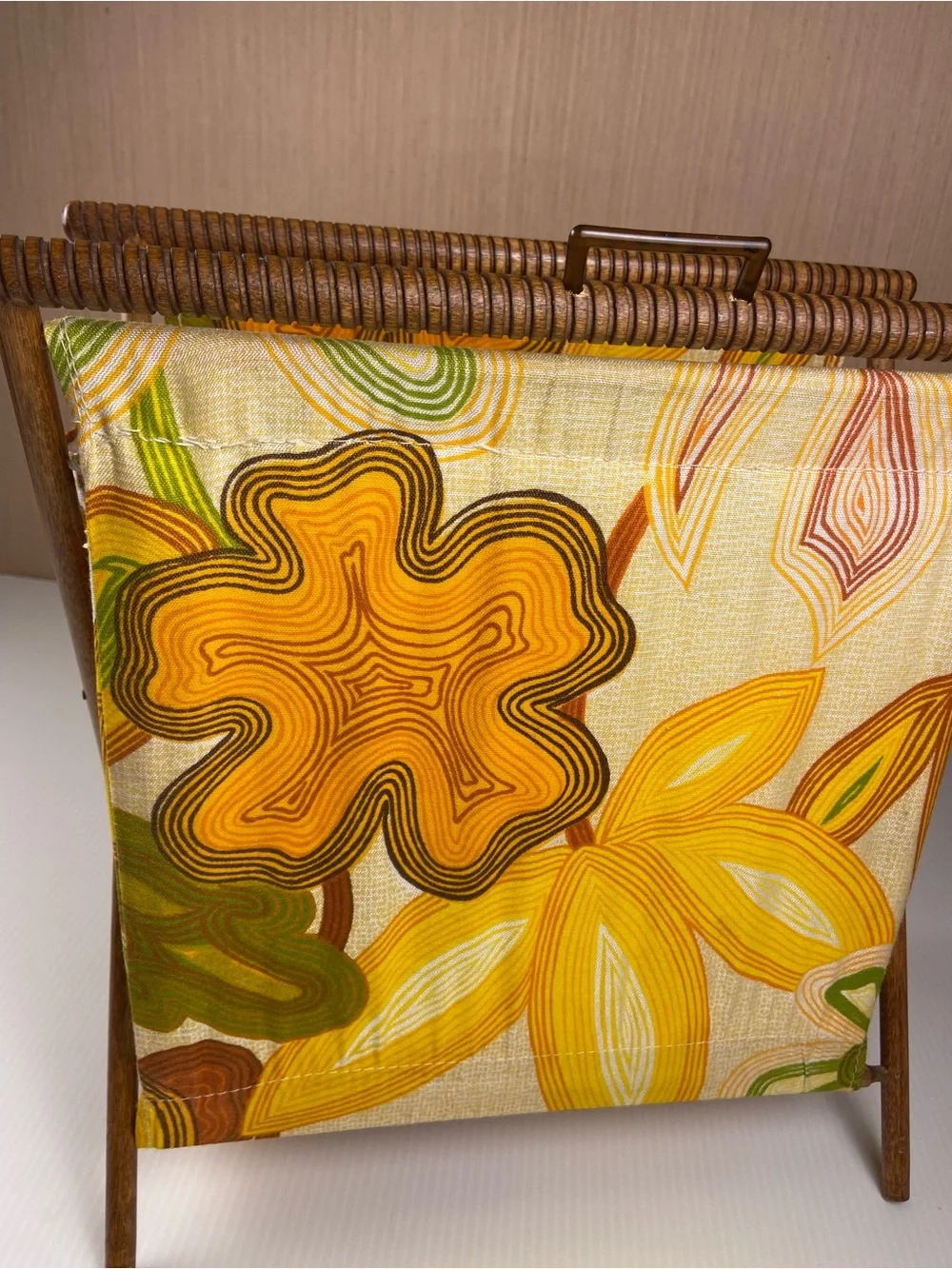 Vintage MCM Folding Magazine Rack Knitting Sewing Basket Mod Floral Wood Stand